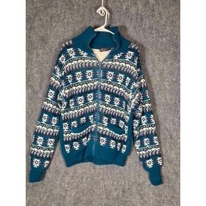 VTG J.B. Buck Gear Men's Teal Aztec Geometric Zip Up Sweater Size M Comfy Winter